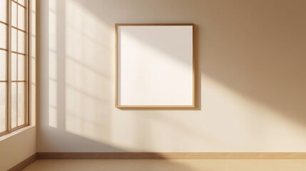 A blank 16x20 frame mockup on a soft beige wall with sunlight and shadows adding depth