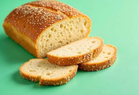 A freshly baked loaf of gluten-free sesame bread, sliced and presented on a vibrant green background.  The image showcases the bread's texture and golden crust, highlighting its wholesome and deliciou