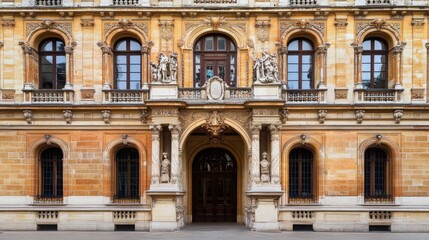 Obraz premium International court facade with grand architecture and flagpoles, symbolizing justice and global cooperation in resolving disputes.