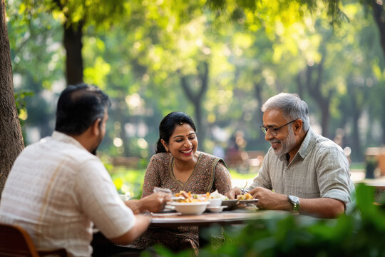 indian young family of four eating on dining table in the garden