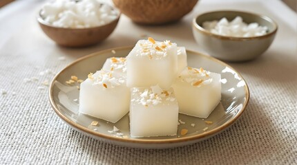 Gel&eacute;ia de C&ocirc;co (Coconut Jelly) with toasted coconut flakes on a ceramic plate (Bahian Cuisine)