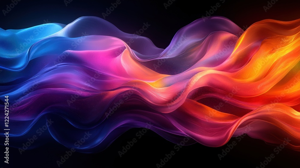 Poster abstract liquid shapes iridescent flowing forms in vibrant rainbow colors on black background