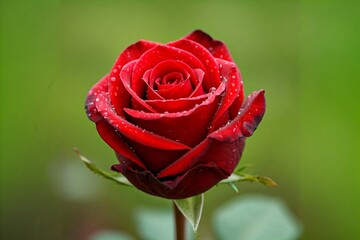 A single red rose with water droplets on the petals.