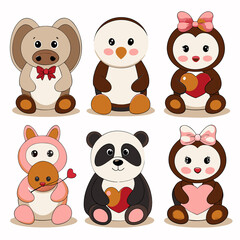 Fototapeta premium Six adorable cartoon animals holding hearts. (1)