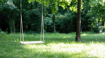 Empty swing in a sunny park, green trees background, peaceful scene, ideal for relaxation themes