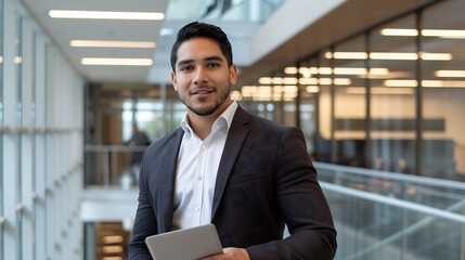 smiling young Hispanic professional businessman working on a tab standing in modern office looking at camera, executive business person office manager 