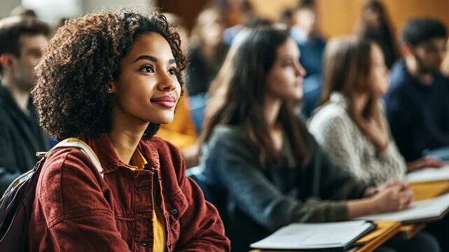Focused Young Woman in Red Jacket Attending a College Lecture Diverse Students in Classroom
