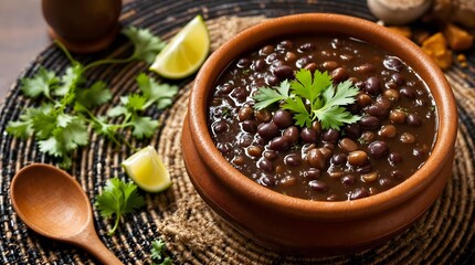 Caldo de Feijão Preto (Black Bean Soup) served in a clay bowl with lime garnish (Bahian Cuisine)