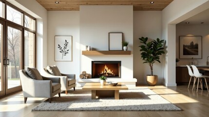 Modern minimalist living room design with a cozy fireplace and abundant natural light