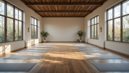 Sunlit yoga studio with hardwood floors, mats, and large windows.