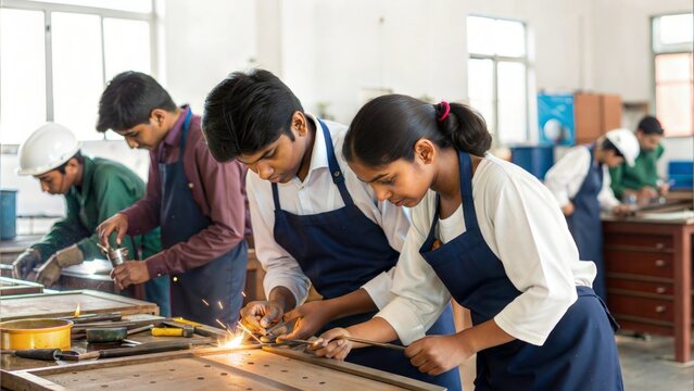 A group of Indian students engaged in a vocational training session, possibly learning skills like carpentry, welding, or cooking, highlighting alternative education options in India.