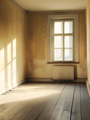 Golden Sunlight Streaming Through Window in Cozy Vintage-Inspired Empty Living Room : Generative AI