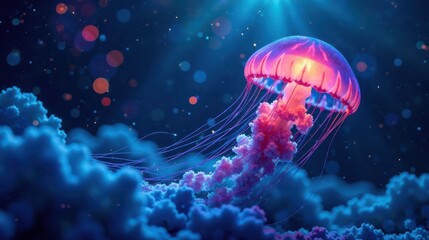 Mesmerizing bioluminescent jellyfish gracefully floats amidst an ethereal underwater landscape, its vibrant tentacles trailing in the luminous currents.