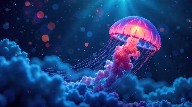 Mesmerizing bioluminescent jellyfish gracefully floats amidst an ethereal underwater landscape, its vibrant tentacles trailing in the luminous currents.