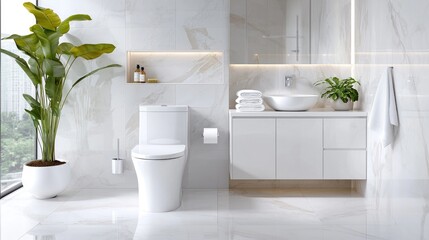 Modern white bathroom interior design, marble walls, large window, plants. Use Home d?cor inspiration