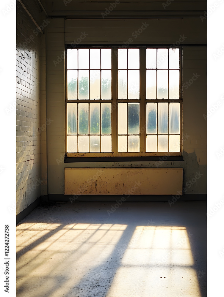 Aufkleber sunlight streaming through industrial window in abandoned urban space with atmospheric shadows : gen