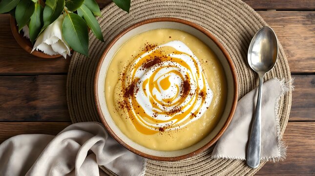 Mingau de Aipim (Cassava Porridge) drizzled with syrup and sprinkled with spices (Bahian Cuisine)