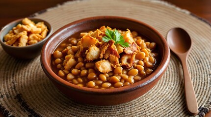 Fototapeta premium Feijão com Torresmo (Beans with Pork Cracklings) served in a rustic clay bowl (Bahian Cuisine)