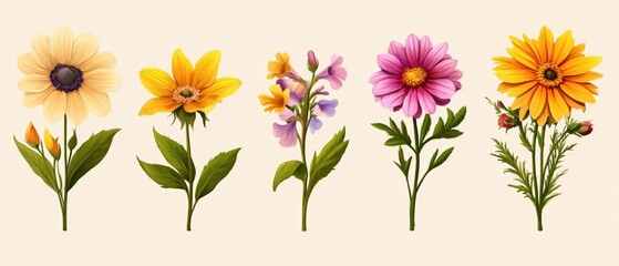 Five painted flowers in pastel colors on a light background for a spring or summer theme