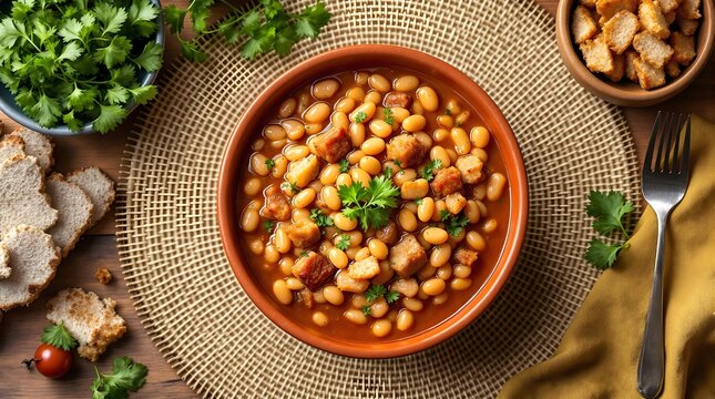 Feij&atilde;o com Torresmo (Beans with Pork Cracklings) topped with herbs and served with bread (Bahian Cuisine)