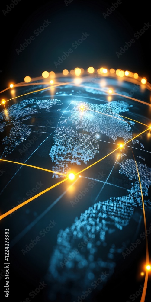 Poster global network connection with glowing nodes and lines on digital world map against dark background