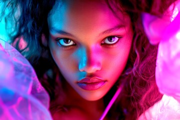 Fototapeta premium Pretty calm mixed-race girl - for ads, ad page and online promotion marketing use. Long haircut - gorgeous bush hair. Commercial promotion idea. African elegance fashion models.