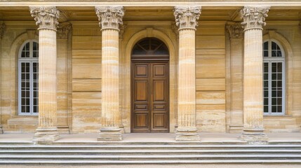 Obraz premium International court facade with grand architecture and flagpoles, symbolizing justice and global cooperation in resolving disputes.