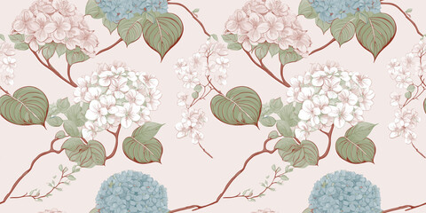 Handmade seamless floral design featuring colorful hydrangeas and green leaves on a neutral background, perfect for various decorative applications.
