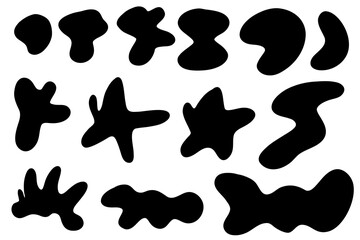 Organic random spot. Nature irregular shapes, stone or liquid  black blobs. Abstract pebble silhouettes, blotch and inkblot. Simple minimal liquid splodge elements water forms isolated on white.