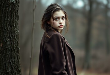 Naklejka premium A young female with a solemn expression, standing outdoors