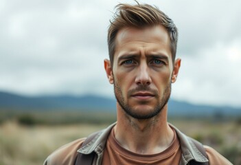 Sad male individual outdoors with cloudy sky