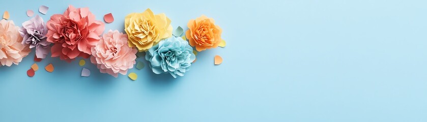Fototapeta premium Colorful paper flowers arranged on a bright blue background, showcasing creative floral artistry.