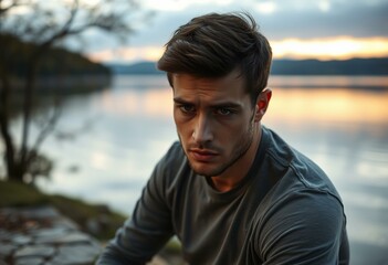 Fototapeta premium Photorealistic portrait of a male expressing deep sadness