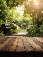 Wooden table in foreground with blurred garden barbecue and string lights in background