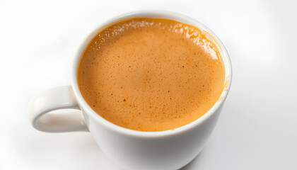 Fototapeta premium A steaming cup of cappuccino in a white ceramic mug, beautifully lit to emphasize the foam texture, set on a white background