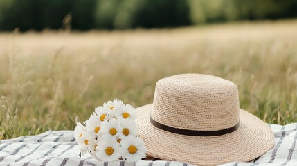 Minimalist flower setup at a picnic, simple and subtle with soft, natural tones