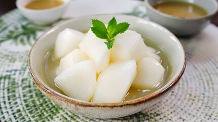 Doce de Coco Verde (Young Coconut Sweet) in Syrup with Mint Garnish (Bahian Cuisine)