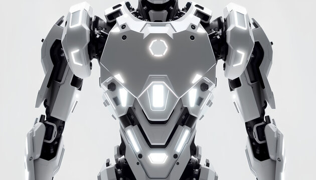 A robot exoskeleton suit with articulated joints, glowing energy lines, and a white futuristic aesthetic on a white background