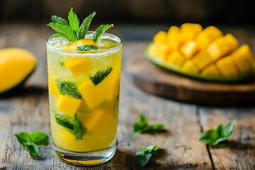 Fototapeta premium Mango drink with mint and ice on wooden background