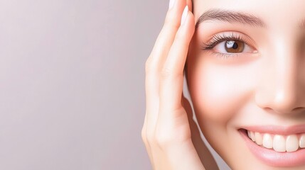 Fototapeta premium A close-up of a smiling woman gently touching her face, showcasing radiant skin and a warm expression against a soft, neutral background.
