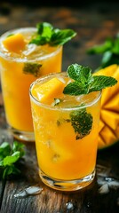 Mango drink with mint and ice in glass on wooden background