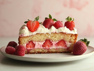 Delicious strawberry cake slice with fresh berries and cream on a white plate against pink background