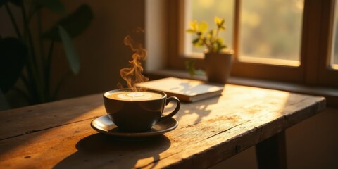 Warm Morning Light Illuminates a Steaming Cup of Latte Art on Rustic Wooden Table