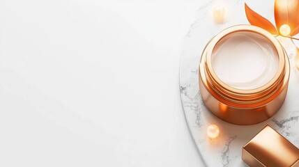 A luxurious jar of cream sits elegantly on a marble surface, accompanied by decorative leaves, creating a serene and inviting aesthetic.