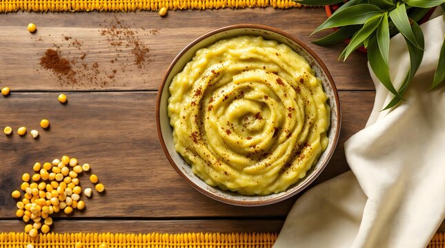 Top view of Mingau de Milho Verde (Green Corn Porridge) garnished with cinnamon (Bahian Cuisine)