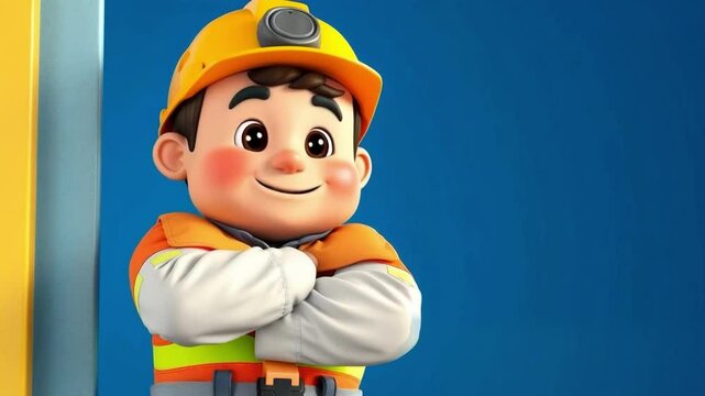 Animated builder confidently posing with crossed arms against a vibrant blue background.