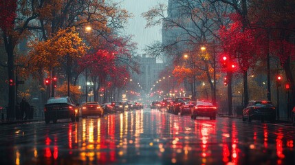Rainy Cityscape with Wet Asphalt Road and Foggy Skyline