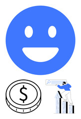 Blue smiling face above dollar coin and man with magnifier climbing bar chart. Ideal for business growth, financial planning, goal achievement, innovation, economy, teamwork, abstract line flat