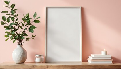 Blank Frame Mockup on Wooden Shelf with Plants and Candle