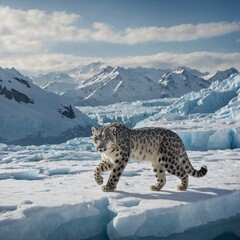 Fototapeta premium A snow leopard walking along a glacier's edge, with snow reflecting pale sunlight.